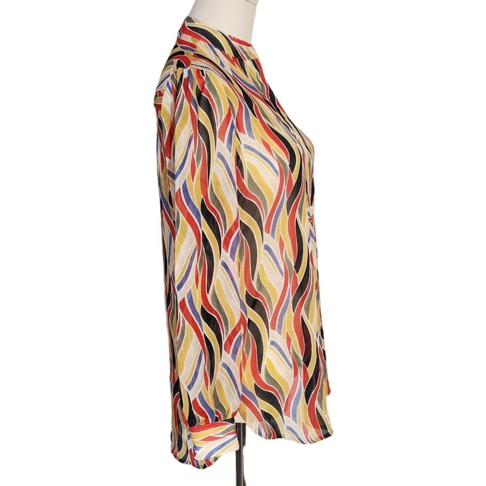 Anne Klein Retro Multicolor Geometric Sheer Longsleeve Blouse Womens Size 2 - Picture 2 of 13